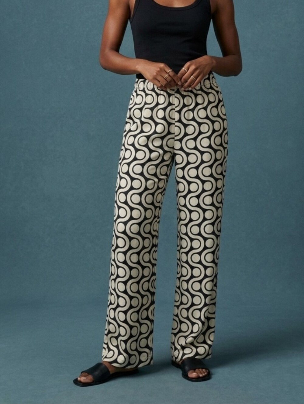 ZARA Geometric Print Lightweight Straight Leg Pants - Black & Cream